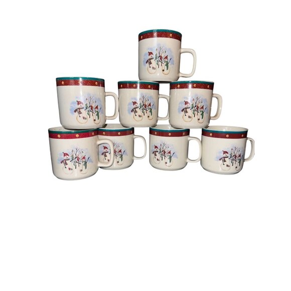 Royal Seasons Stoneware Snowman Print Coffee Mugs Dishwasher & Microwav - Picture 1 of 5